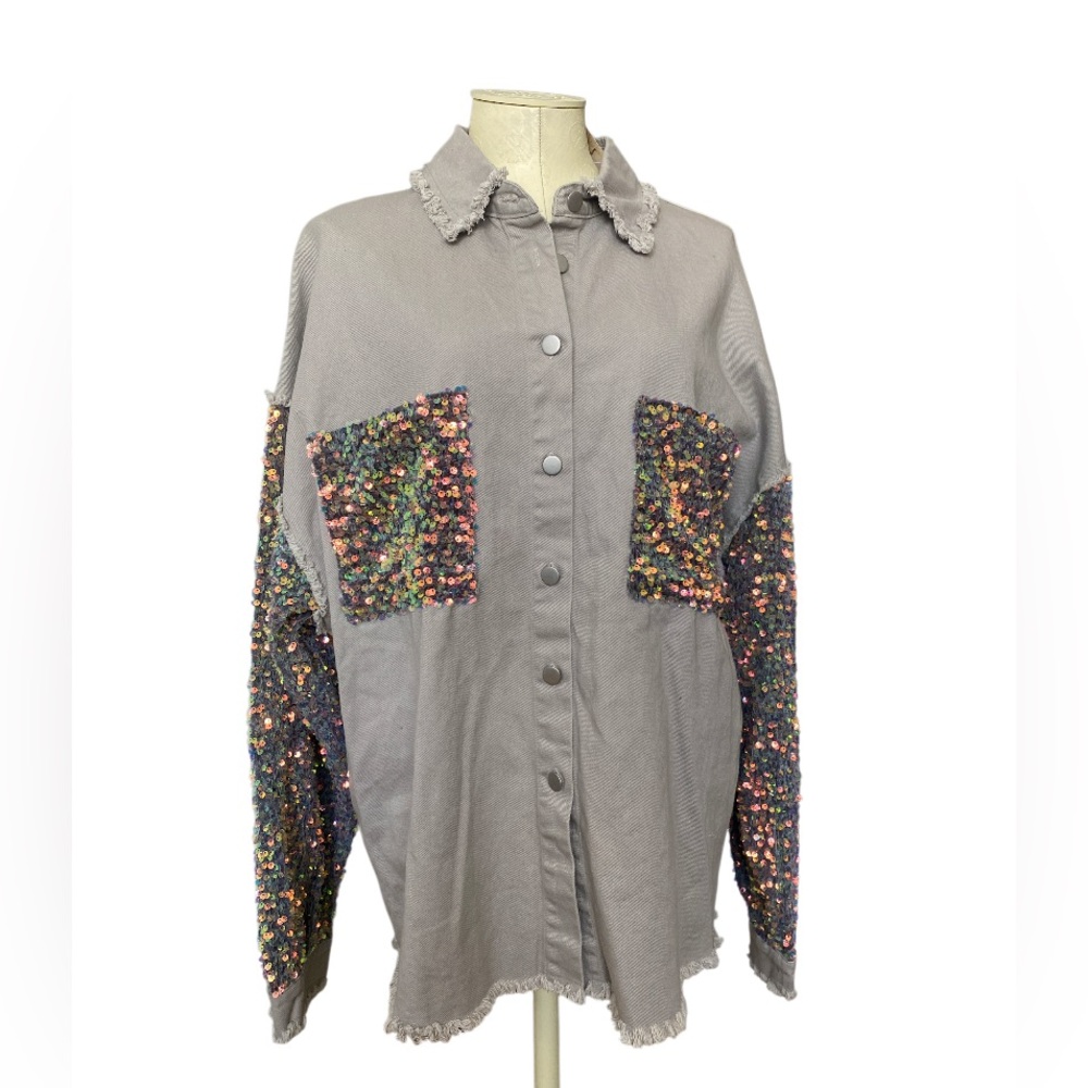 NWT Fantastic Fawn Light Grey Sequin Sleeve Shacket Oversized Jacket size S - Picture 14 of 16